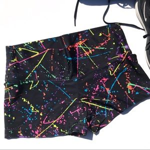Savage Swimwear neon splatter workout shorts